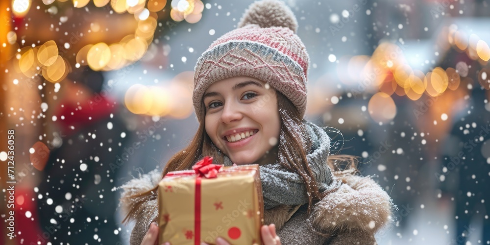 Poster A woman stands in the snow, holding a beautifully wrapped gift. Perfect for winter holiday and Christmas-themed designs