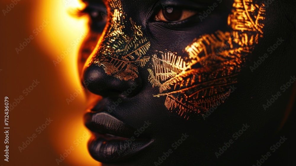 Poster A close-up image of a person with gold paint on their face. This versatile image can be used for various concepts and themes