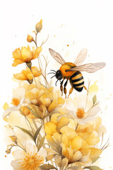 watercolor illustration with bee and  honey flowers