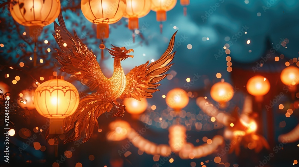 Poster a bird is perched on a branch of a tree surrounded by lanterns. perfect for nature and outdoor-theme