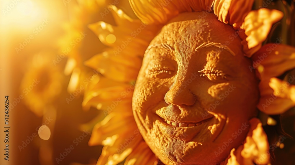 Poster a close up image of a sunflower with a face. this picture can be used for various purposes