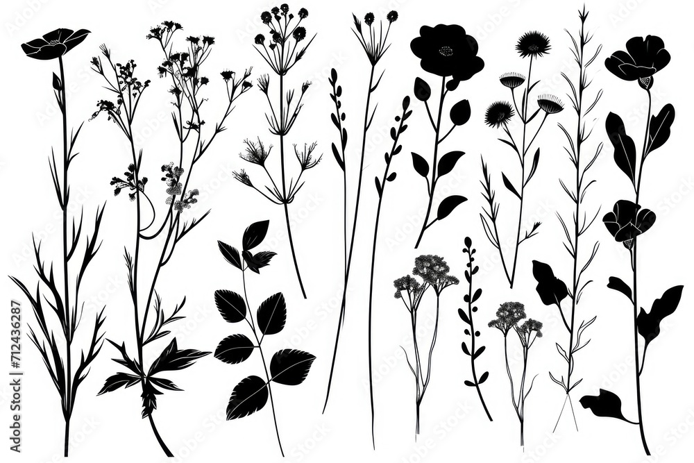 Poster a collection of black and white flowers and leaves. perfect for adding a touch of elegance to any pr