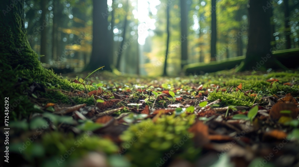 Poster sunlight filters through the trees in a peaceful forest. perfect for nature or outdoor-themed projec
