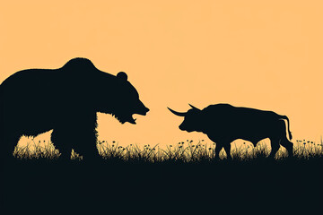 Large bear silhouette versus small bull silhouette illustration. 
