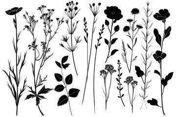 A collection of black and white flowers and leaves. Perfect for adding a touch of elegance to any project or design