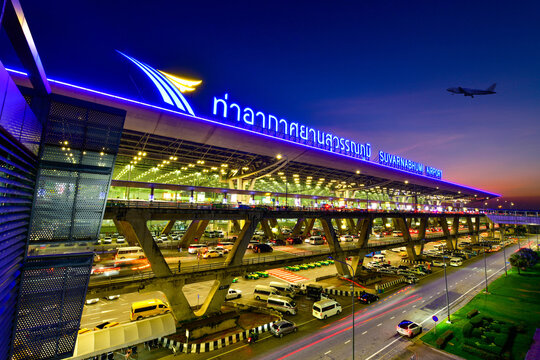 Bangkok -January 7,2024 : Suvarnabhumi Airport at twilight, This airport is largest single building airport terminal designed by Helmut Jahn.