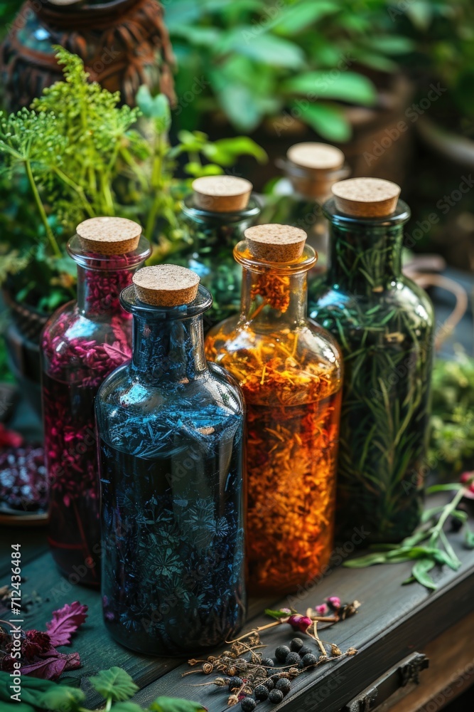 Aufkleber A collection of various colored glass bottles arranged on a table. Perfect for adding a vibrant touch to any interior design project