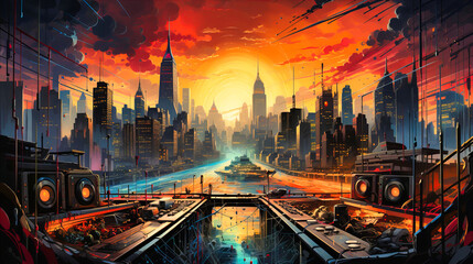 Futuristic City Artistry: Illustration of Urban Skyline with Skyscrapers, Street, and Sci-Fi Elements.