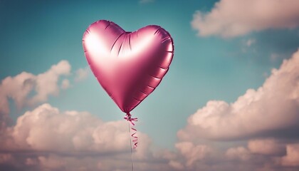 Fototapeta na wymiar love pink heart shaped foil balloons on blue sky, background