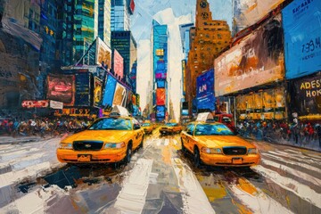 A vibrant painting capturing the bustling atmosphere of a city street filled with colorful taxi cabs. Perfect for illustrating urban life and transportation. - obrazy, fototapety, plakaty