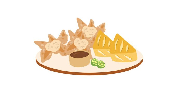 animation Batagor or fried fish ball. Traditional street food from West Java, Indonesia