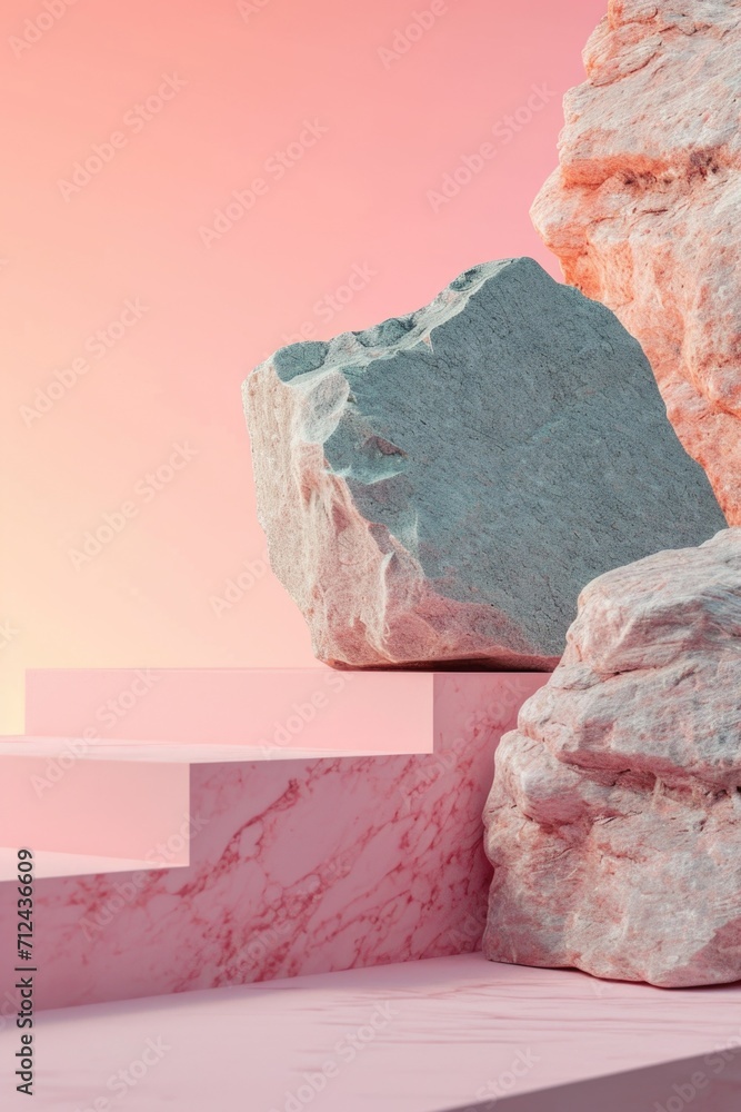 Poster A large rock sitting on top of a set of steps. Can be used to depict stability, obstacles, or an interesting architectural feature