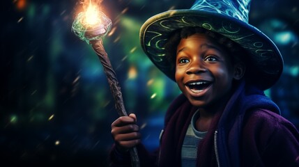 A black wizard boy in a conical hat holds a magic staff and casts a magic spell that radiates energy - obrazy, fototapety, plakaty