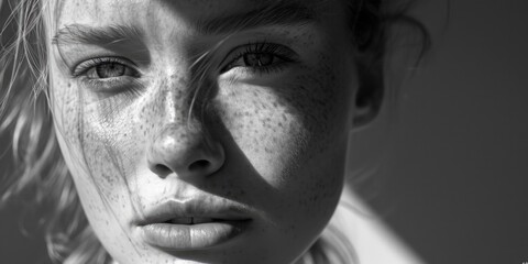 Close up of a woman with freckles on her face. Perfect for beauty and skincare concepts
