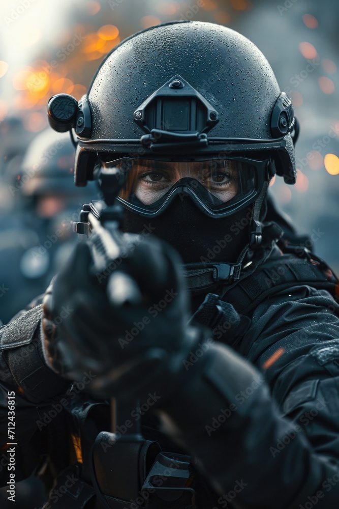 Poster a man wearing a helmet and goggles holds a gun. this image can be used to depict a person in a prote