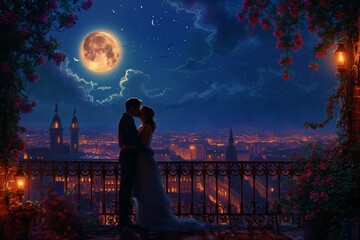 A couple sharing a quiet kiss on a moonlit balcony - obrazy, fototapety, plakaty
