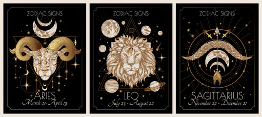 Obraz na płótnie Canvas Vector illustration of zodiac signs card. Signs of the element of fire. Aries, Leo, Sagittarius. Gold on a black background in engraving style