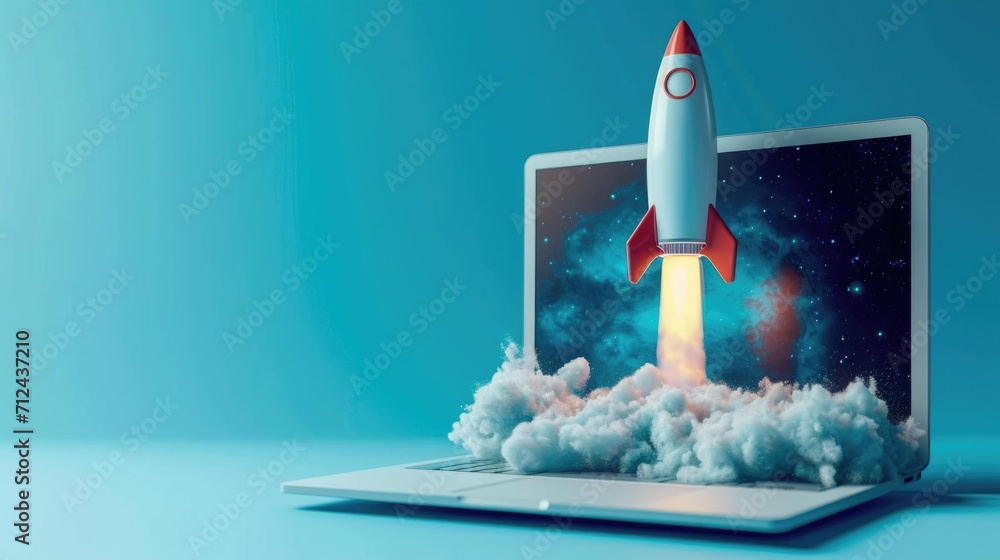 Poster a laptop with a rocket emerging from it. perfect for illustrating technology innovation and advancem