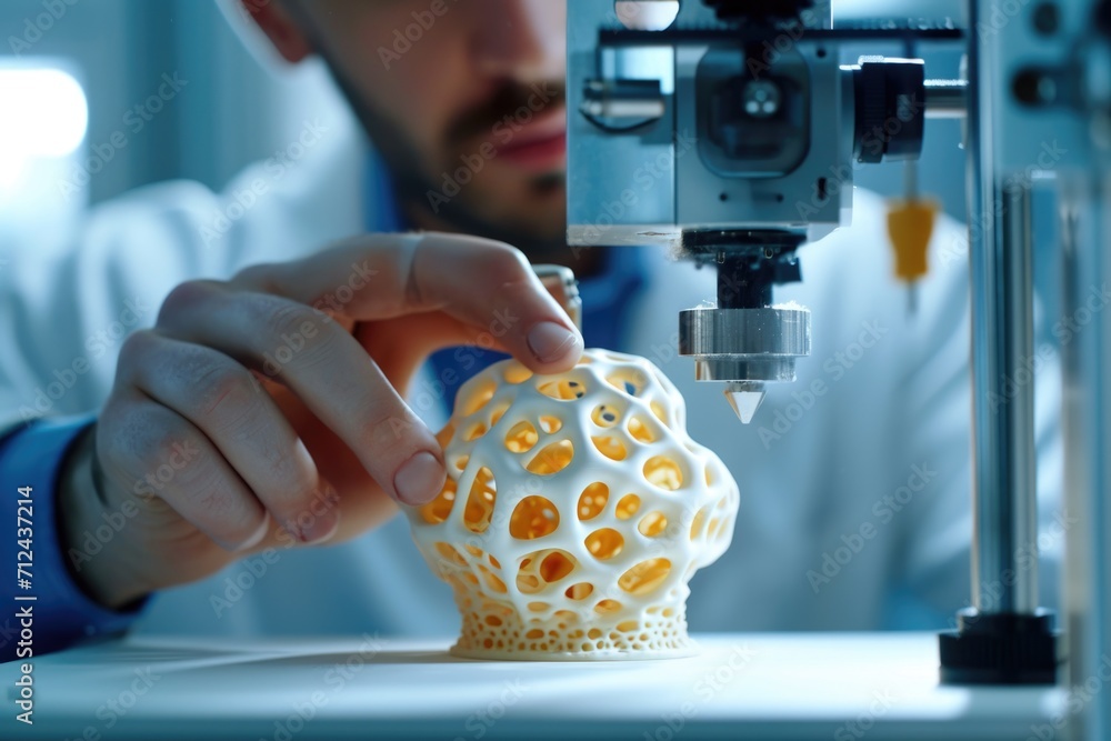 Poster A man is seen working on a 3D printed object. This image can be used to showcase the process of 3D printing or to highlight the use of technology in manufacturing