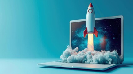 A laptop with a rocket emerging from it. Perfect for illustrating technology innovation and advancement.