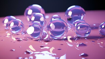 liquid droplet, in the style of luminous spheres, light violet, polished metamorphosis, light-focused. water drops are made of purple lights, in the style of photorealistic still life, molecular
