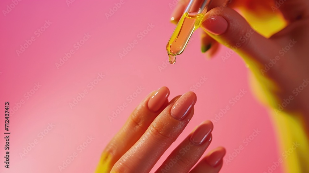 Poster a woman holding a drop of liquid in her hand. suitable for science and technology-related projects