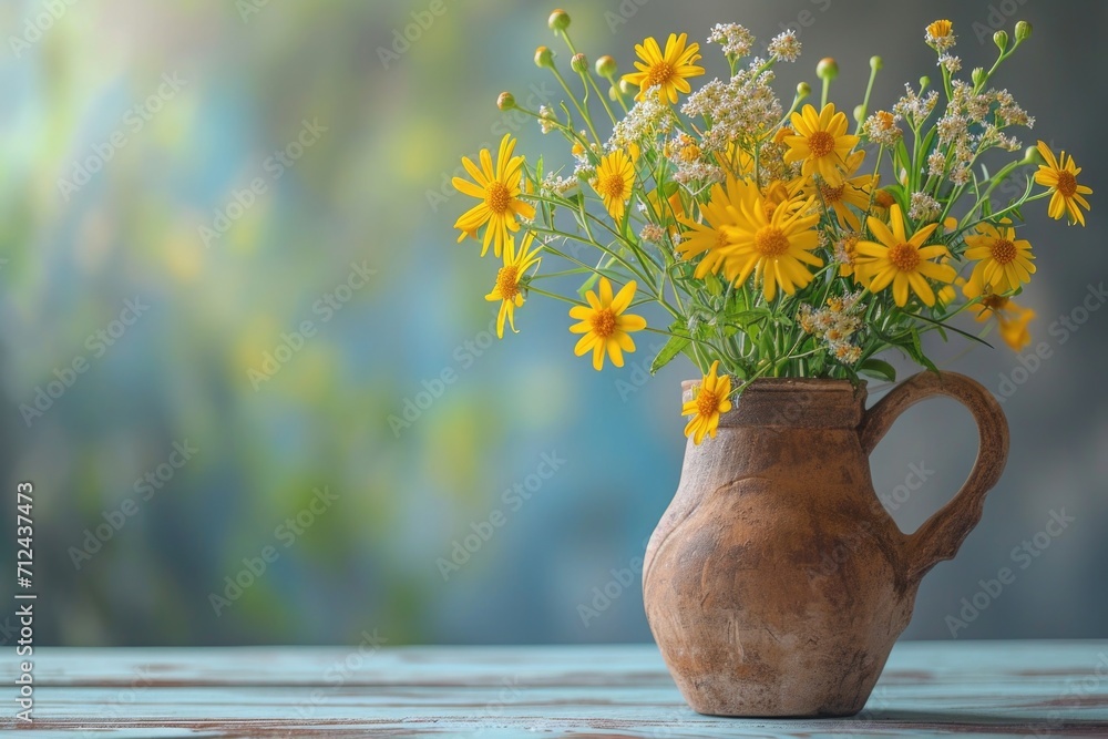 Poster a vase filled with a beautiful arrangement of yellow and white flowers. perfect for adding a touch o