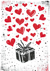 Rustic red linocut Valentines Day gift box with floating hearts