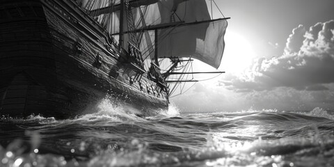 A black and white photo of a ship in the ocean. Suitable for various uses