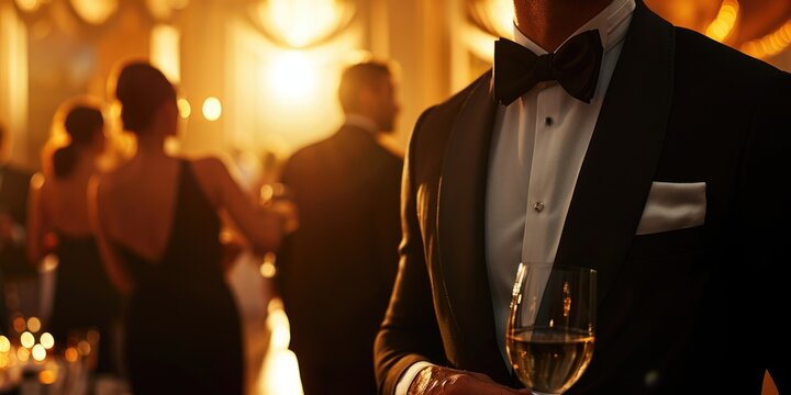 A sophisticated man dressed in a tuxedo holds a glass of wine. Suitable for various occasions