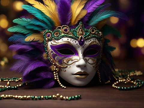 Mardi Gras Mask With Feathers Background Generative AI