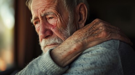 An older man with a white beard wearing a gray sweater. This image can be used to depict a wise and experienced individual or to represent the concept of aging