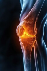 A close up of a human knee with a glowing joint. Perfect for medical or scientific illustrations