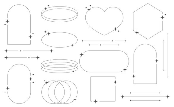 Set of geometric aesthetic abstract line frames and shapes with stars boho, brutalism, Y2K style. Geometric elements with sparkles for template design social media, poster, banner, logo, stickers