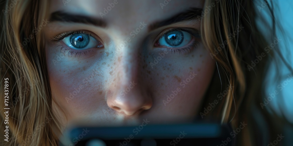 Poster a close-up of a person looking at a cell phone. suitable for technology-related content