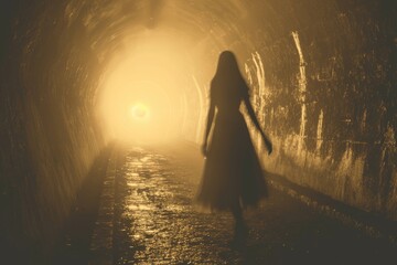 Woman walking through a tunnel with a visible light at the end. This image can be used to represent hope, progress, or a journey towards a brighter future