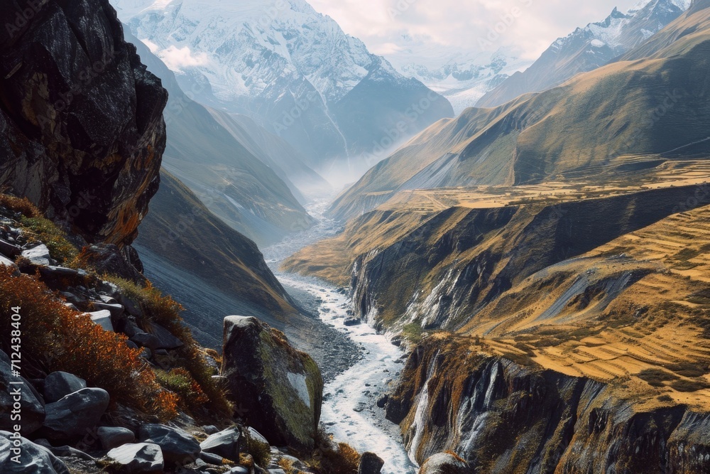 Poster a scenic view of a mountain valley with a river flowing through it. this image captures the beauty a