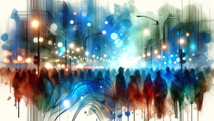 An illustration of a crowd of people in an evening city