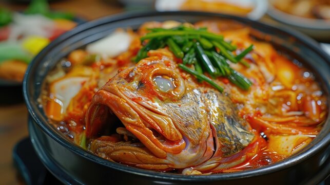A bowl of food with a fish inside. Can be used to depict pet fish, fish food, or a meal with fish