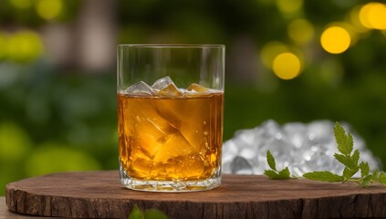 Glass of Whisky with Ice on the Tabletop. Glass of Whisky on Outdoor Table. Isolated Whisky Glass Against Lush Greenery Background.