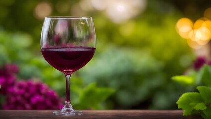 Glass of Wine on the Table. Glass of Red Wine on Outdoor Table. Isolated Wine Glass Against Lush Greenery Background.