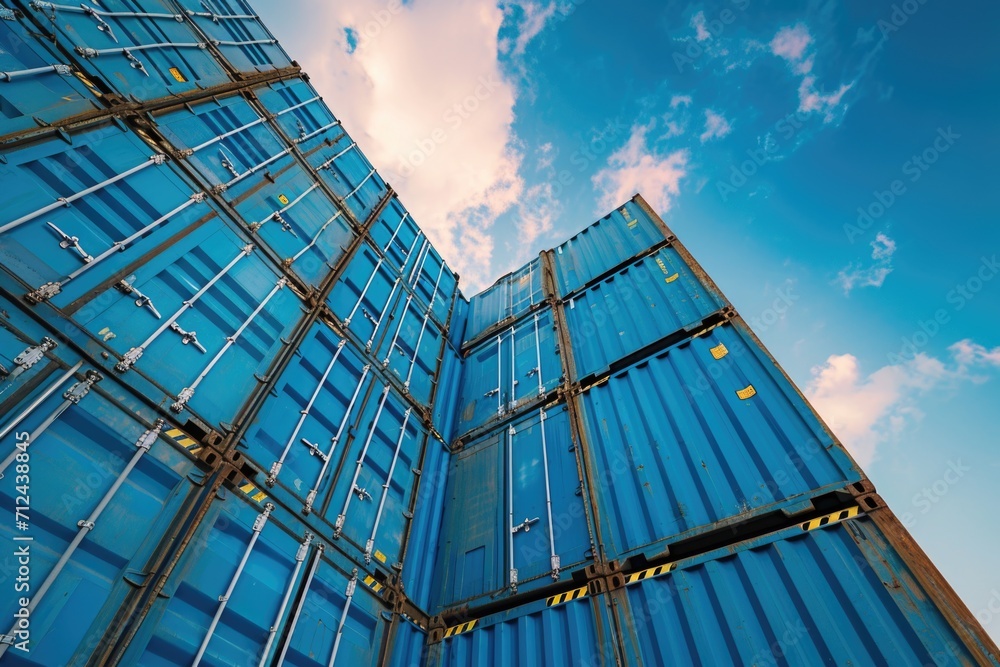 Poster a group of blue shipping containers stacked on top of each other. perfect for illustrating global tr