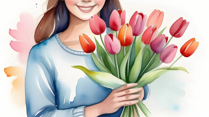 Woman with a bouquet of tulips. Background for March 8.