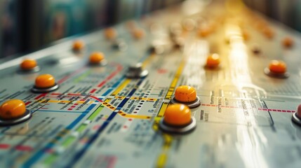 A detailed close-up view of a subway map featuring orange buttons. This image can be used to illustrate transportation systems, urban navigation, or public transit concepts - obrazy, fototapety, plakaty