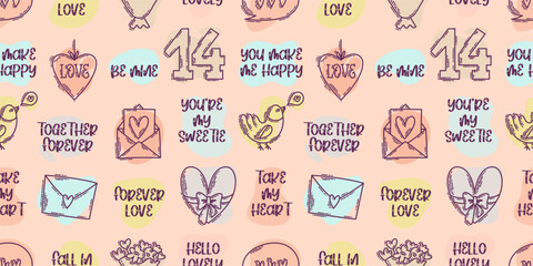 The love theme doodle style color seamless pattern, Valentines Day hand-drawn icons with a simple engraving retro effect. Romantic mood, cute symbols and elements backgrounds collection.