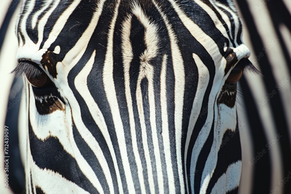 Poster A detailed close up view of a zebra's face. This image can be used to depict the unique patterns and features of zebras in nature photography or for educational purposes