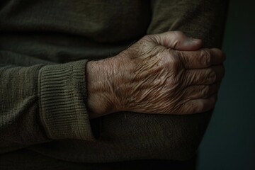 Fototapeta premium An older person holding their hands together. Suitable for themes of unity, support, and connection. Ideal for websites, blogs, or articles related to aging, family, love, and togetherness