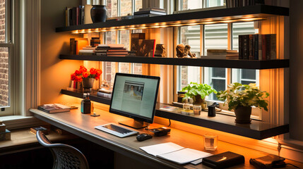 Creative Workspace: Modern Office Interior with Designer Furniture, Technology, and Clean Design.