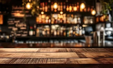 Deurstickers Bar table interior in pub with wooden counter background desk space blurred light for drink design cafe top in coffee restaurant vintage retro style wine shop brown alcohol abstract blurry kitchen © Thares2020