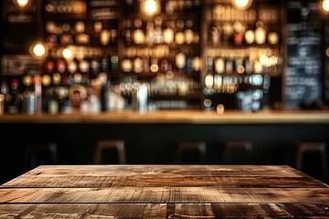 Bar table interior in pub with wooden counter background desk space blurred light for drink design...
